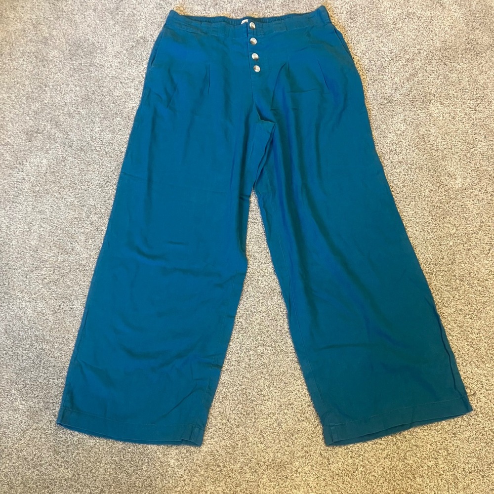 Sincerely Jules Teal Blue Linen Blend Wide Leg Button Fly Pants XL Coastal Boho